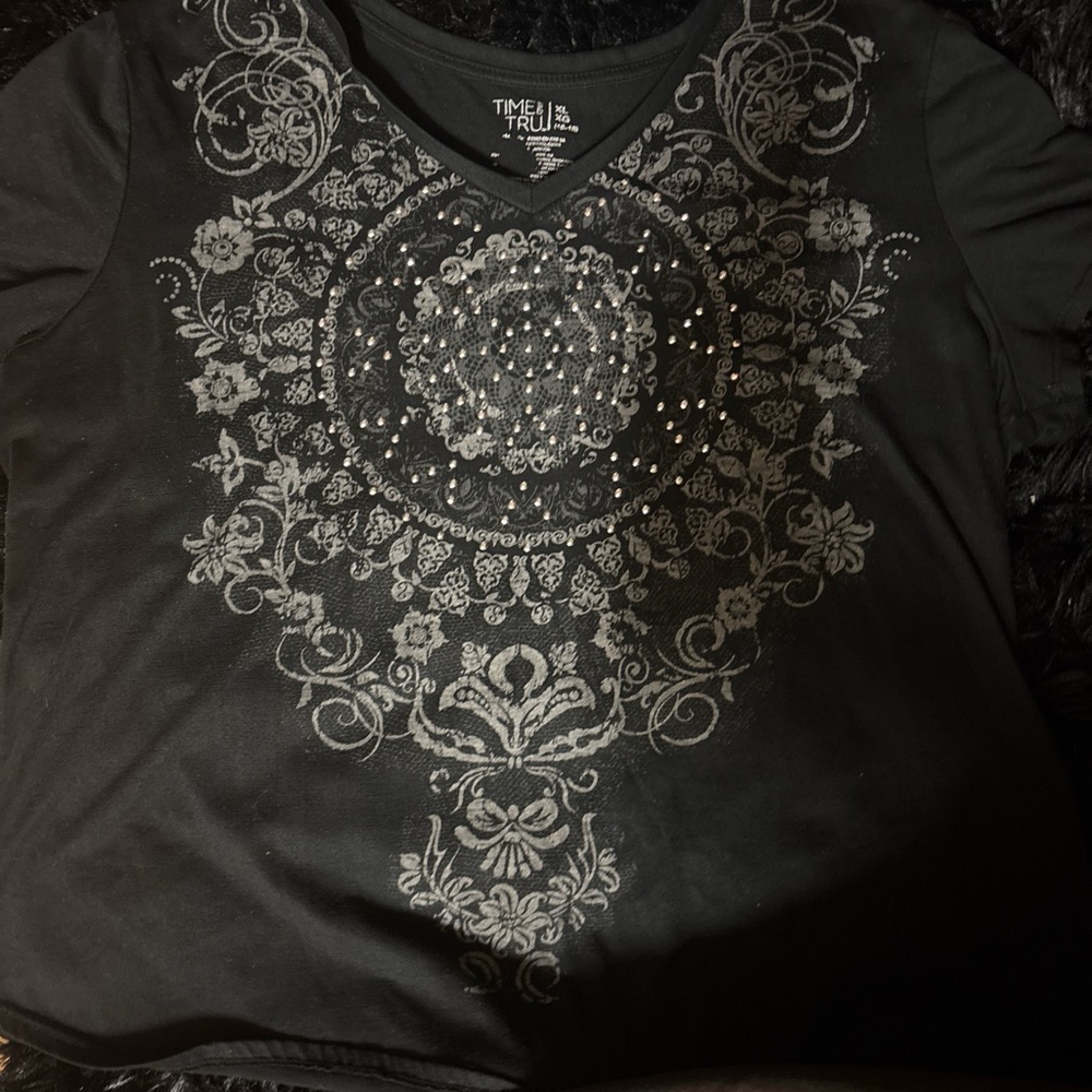 Time and Tru Black Floral Embellished Tee